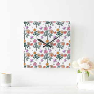 Farbenfrohes Aquarell-Blumenmuster    Quadratische Wanduhr
