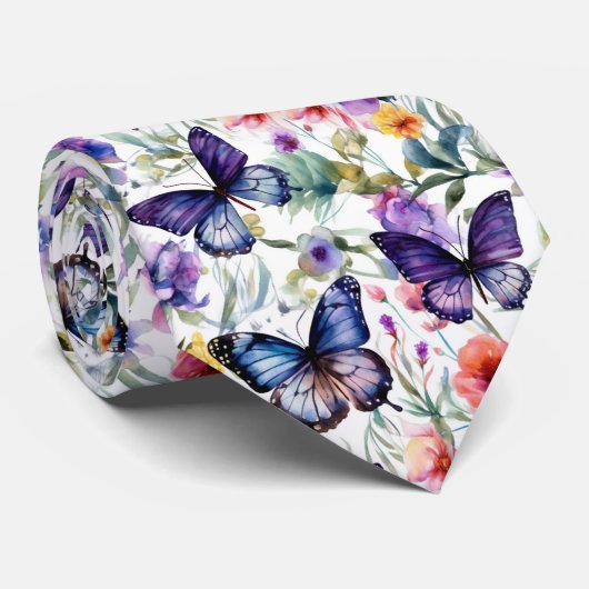 Farbenfrohes Aquarell-Schmetterlinge-Blumen-Muster Krawatte (Gerollt)