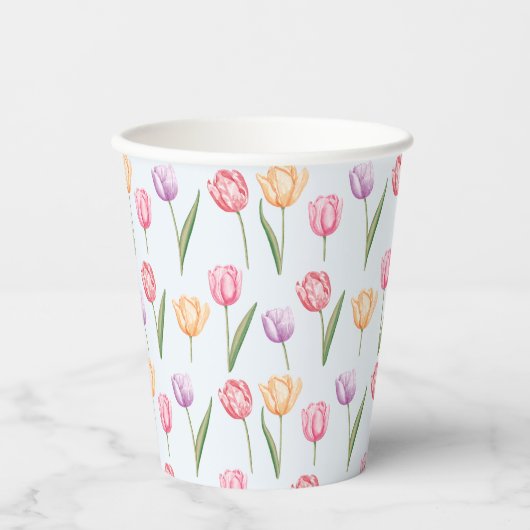 Farbenfrohes Aquarell-Tulpen-Blumenmuster Pappbecher (Vorderseite)