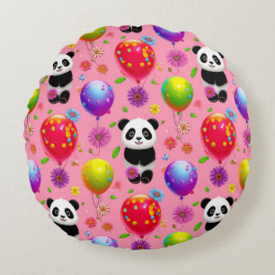 Farbenfrohes Ballon- und Panda-Muster mit Blumen Rundes Kissen