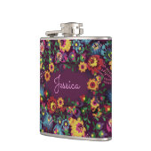 Farbenfrohes, belebtes Blumenmuster lila personali Flachmann (Links)