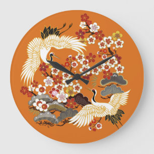 Farbenfrohes Blumen-Kranich-Sakura-Muster Große Wanduhr
