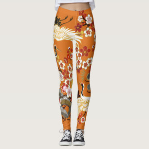 Farbenfrohes Blumen-Kranich-Sakura-Muster Leggings
