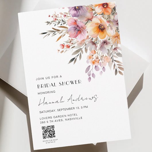 Farbenfrohes Blumenbouquet QR-Code Brautparty Einladung