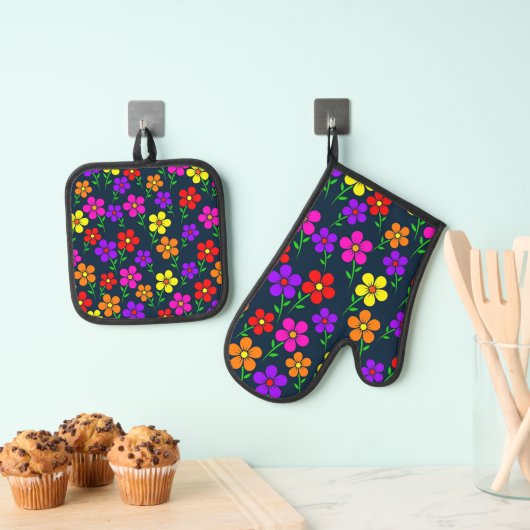 Farbenfrohes Blumenmuster Ofenhandschuh & Topflappen-Set (Insitu (Hängend))