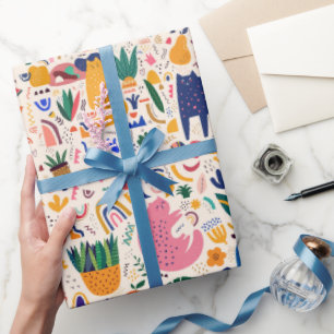 Farbenfrohes Boho-Wüstenkatzen-Pflanzen-Muster Geschenkpapier