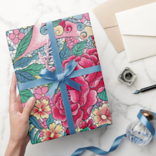 Farbenfrohes chinesisches Blumenmuster Geschenkpapier