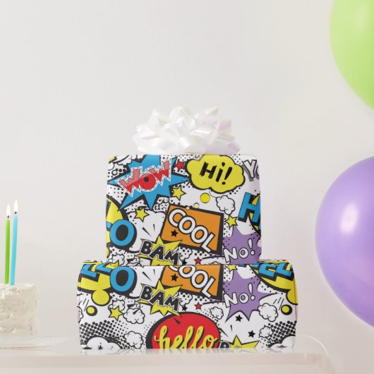Farbenfrohes Comic-Pop-Art-Sprechblasenmuster Geschenkpapier (Partygeschenke)