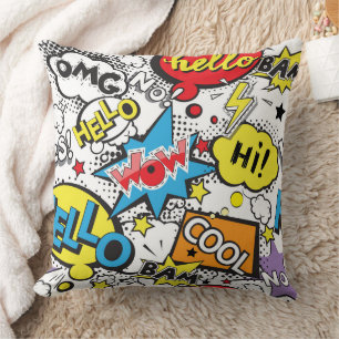Farbenfrohes Comic-Pop-Art-Sprechblasenmuster Kissen