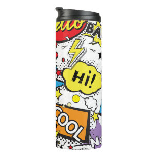 Farbenfrohes Comic-Pop-Art-Sprechblasenmuster Thermosbecher