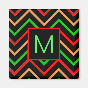 Farbenfrohes Cool Chevron auf schwarzem Monogramm Magnet