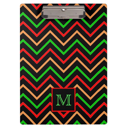 Farbenfrohes Cool Chevron auf schwarzer Monogrammi Klemmbrett (Vorderseite)