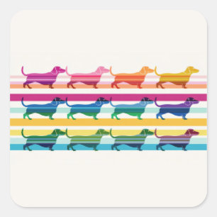 Farbenfrohes Dachshund-Muster Retro-Streifen Quadratischer Aufkleber