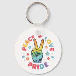 Farbenfrohes Design mit Frieden, Liebe und Stolz H Schlüsselanhänger