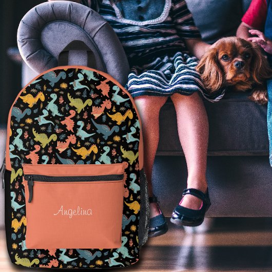 Farbenfrohes Dinosaurier-Muster Orange Schwarz Nam Bedruckter Rucksack