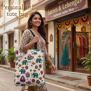 Farbenfrohes Diwali-Elefant & Diya-Muster Custom Tasche