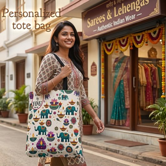 Farbenfrohes Diwali-Elefant & Diya-Muster Custom Tasche