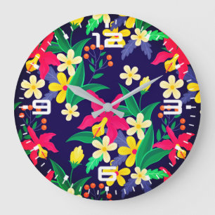 Farbenfrohes exotisches Blumen-Blatt-Muster-23021 Große Wanduhr