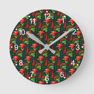 Farbenfrohes exotisches Blumen-Blatt-Muster Runde Wanduhr