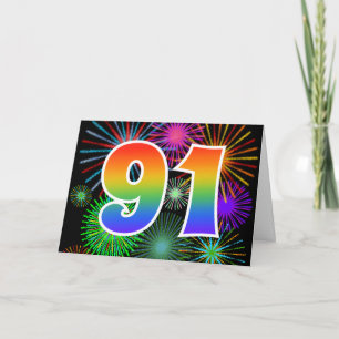 Farbenfrohes Feuerwerk + Regenbogenmuster "91" Ere Karte