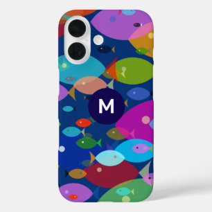 Farbenfrohes Fisch-Abstraktmuster Blaues Monogramm iPhone 16 Hülle
