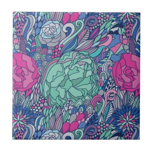 Farbenfrohes florales Doodle-Muster Fliese (Vorderseite)