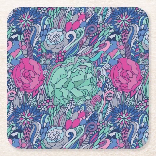 Farbenfrohes florales Doodle-Muster Rechteckiger Pappuntersetzer (Vorderseite)