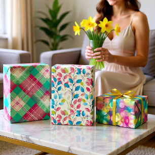 Farbenfrohes florales Karo-Jubiläums-Set aus 3 Geschenkpapier Set