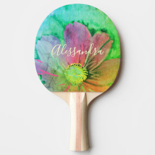 Farbenfrohes florales Wasserfarben-Monogramm Name Tischtennis Schläger