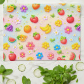 Farbenfrohes Fruchtmuster mit Blumen und Früchten Geschirrtuch (Gefaltet)