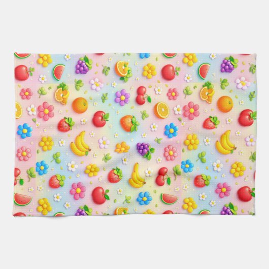 Farbenfrohes Fruchtmuster mit Blumen und Früchten Geschirrtuch (Horizontal)