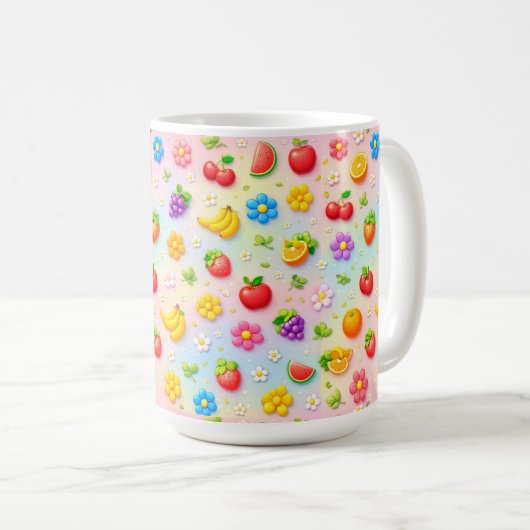 Farbenfrohes Fruchtmuster mit Blumen und Früchten Kaffeetasse (VorderseiteRechts)