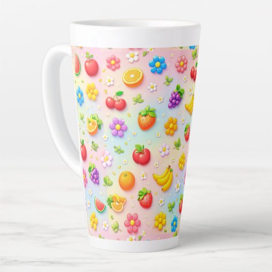 Farbenfrohes Fruchtmuster mit Blumen und Früchten Milchtasse (Linke Ecke)