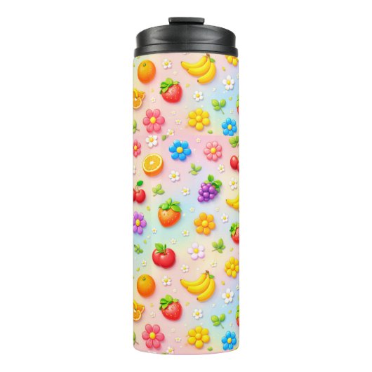 Farbenfrohes Fruchtmuster mit Blumen und Früchten Thermosbecher (Vorderseite)