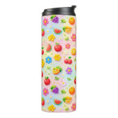 Farbenfrohes Fruchtmuster mit Blumen und Früchten Thermosbecher (Nach links gedreht)