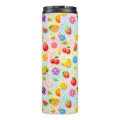 Farbenfrohes Fruchtmuster mit Blumen und Früchten Thermosbecher (Rückseite)