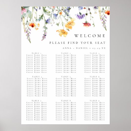 Farbenfrohes Frühlings-Blumen-Hochzeitssitzplan Poster (Vorne)