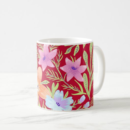 Farbenfrohes Frühlingsblumenmuster, Himbeerrosa Kaffeetasse (VorderseiteRechts)