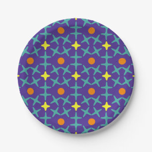 Farbenfrohes geometrisches Muster mit blauem Kreuz Pappteller