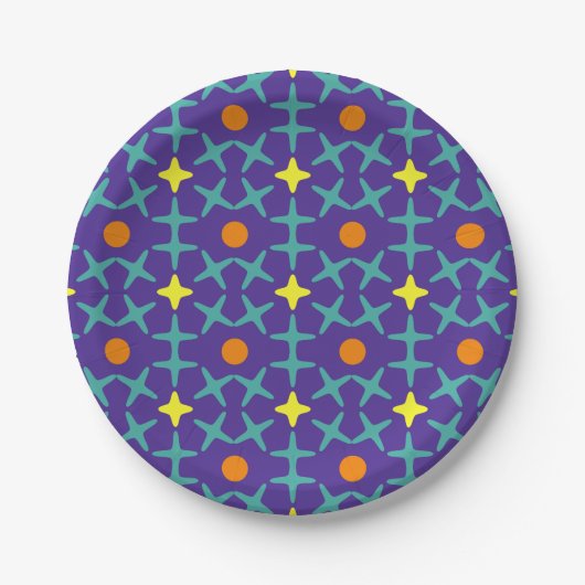 Farbenfrohes geometrisches Muster mit blauem Kreuz Pappteller (Vorderseite)