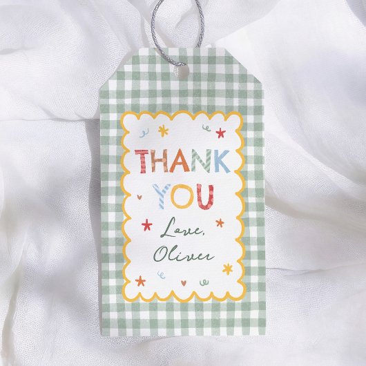 Farbenfrohes Gingham-Muster 1. Geburtstags-Dankesc Geschenkanhänger
