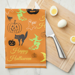 Farbenfrohes Glückliches Halloween-Muster Orange Geschirrtuch