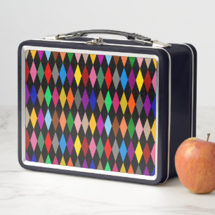 Farbenfrohes Harlequin-Diamanten-Design Schwarz Metall Brotdose