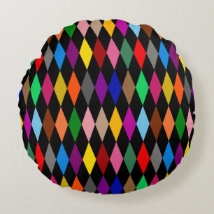 Farbenfrohes Harlequin-Diamanten-Design Schwarz Rundes Kissen