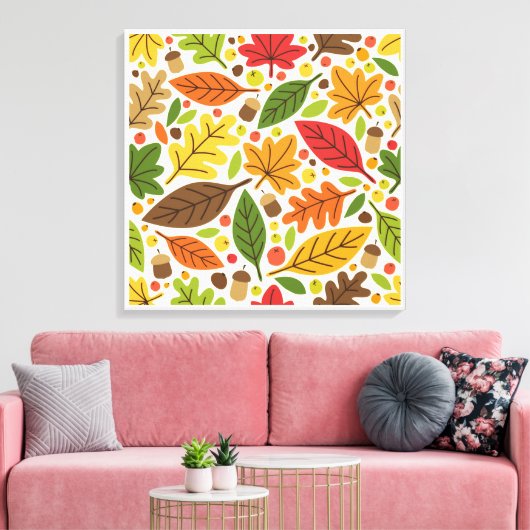 Farbenfrohes Herbstlaub- und Eichelmuster Leinwanddruck (Insitu (Wohnzimmer))