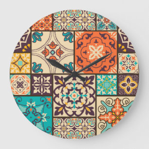 Farbenfrohes islamisches Patchwork: Vintage-Fliese Große Wanduhr