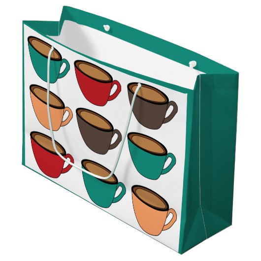 Farbenfrohes Kaffeetassenmuster Große Geschenktüte (Vorderseite Schrägansicht)