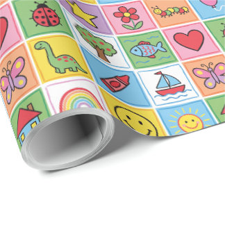 Farbenfrohes Kinder-Icons-Patchwork-Geschenkpapier Geschenkpapier