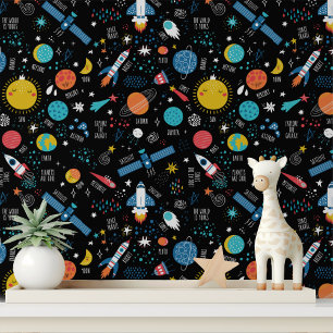 Farbenfrohes Kinderweltraum-Raketen-Planeten-Galax Tapete