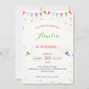 Farbenfrohes Konfetti-Wimpelbanner 7. Geburtstag Einladung